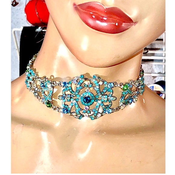 Vtg 2003 VCLM Noblesse Austrian Crystal Teal Turquoise Choker Earrings Set NIP - Picture 1 of 12